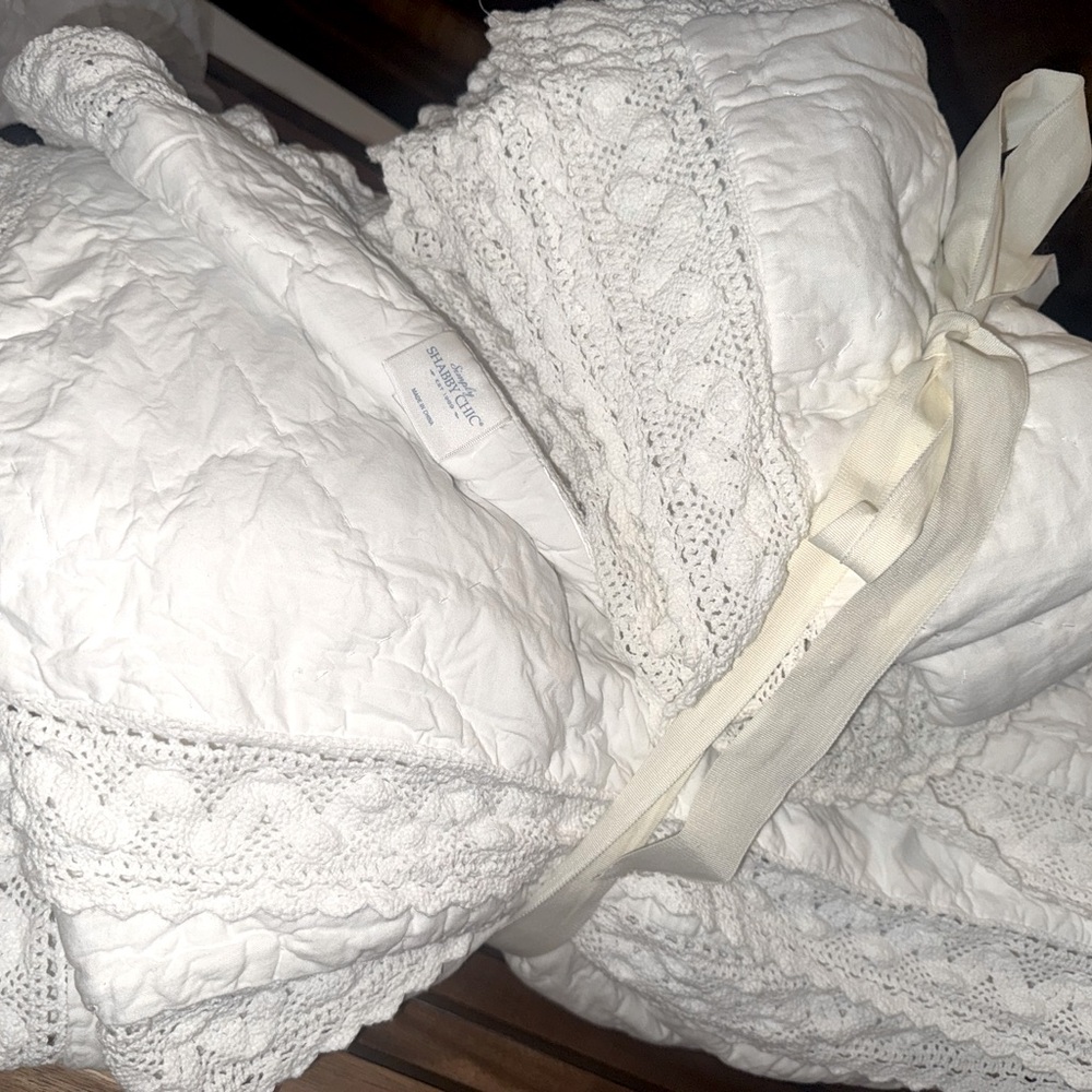 Simply Shabby Chic 3pc Quilt Shams Set Linen Blend Crochet Trim White Full Queen - Picture 16 of 16